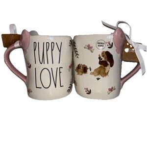 Rae Dunn Disney Lady & the Tramp “Puppy Love” Double Sided 18 oz Mug Pink Bow